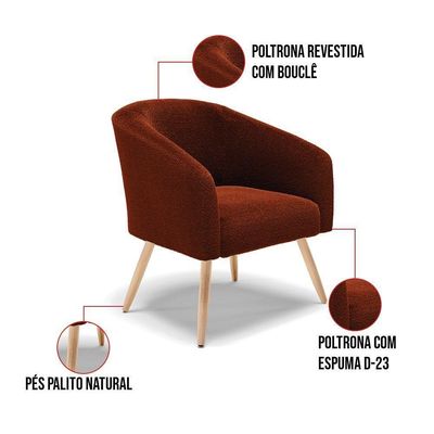 Kit 1 Sofá Namoradeira E 2 Poltronas Stella Bouclê Terra Pés Palito Natural D'rossi