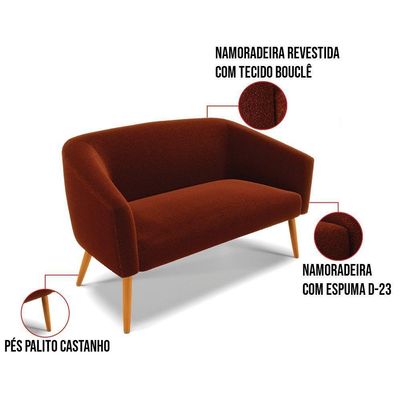 Kit 1 Sofá Namoradeira E 1 Poltrona Stella Bouclê Terra Pés Palito Castanho - D'rossi