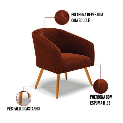 Kit 1 Sofá Namoradeira E 2 Poltronas Stella Bouclê Pés Palito Castanho D'rossi Cor Terra