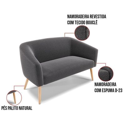 Kit 1 Sofá Namoradeira E 2 Poltronas Stella Bouclê Pés Palito Natural D'rossi Cor Grafite