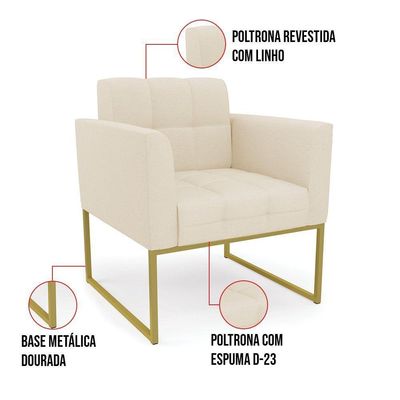 Kit 1 Sofá Namoradeira E 2 Poltronas Elisa Linho Base Metálica Industrial Dourada Cor A19 Bege