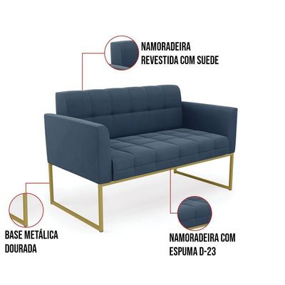 Kit 1 Sofá Namoradeira E 2 Poltronas Elisa Suede Base Metálica Industrial Dourada Cor Azul Marinho