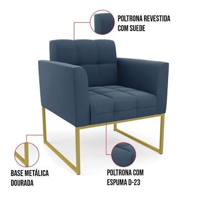 Kit 1 Sofá Namoradeira E 2 Poltronas Elisa Suede Base Metálica Industrial Dourada Cor Azul Marinho