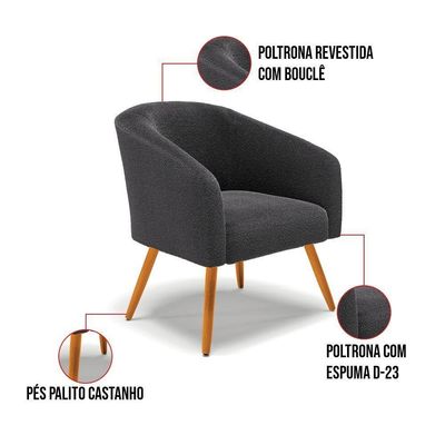 Kit 1 Sofá Namoradeira E 2 Poltronas Stella Bouclê Pés Palito Castanho D'rossi Cor Grafite