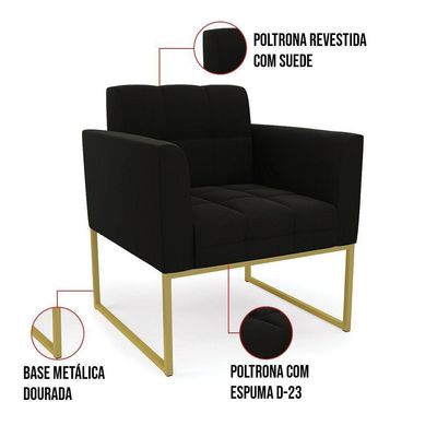 Kit 1 Sofá Namoradeira E 2 Poltronas Elisa Suede Base Metálica Industrial Dourada D'rossi Cor Preto