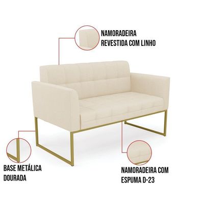 Kit 1 Sofá Namoradeira E 2 Poltronas Elisa Linho Bege A19 Base Metálica Industrial Dourada D'rossi