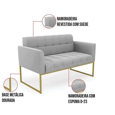 Kit 1 Sofá Namoradeira E 2 Poltronas Elisa Suede Cinza Base Metálica Industrial Dourada D'rossi