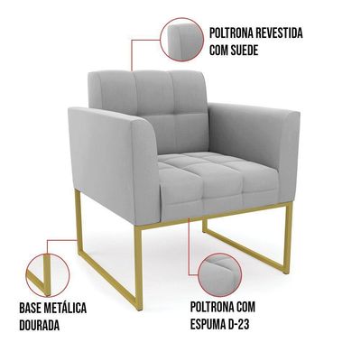 Kit 1 Sofá Namoradeira E 2 Poltronas Elisa Suede Cinza Base Metálica Industrial Dourada D'rossi
