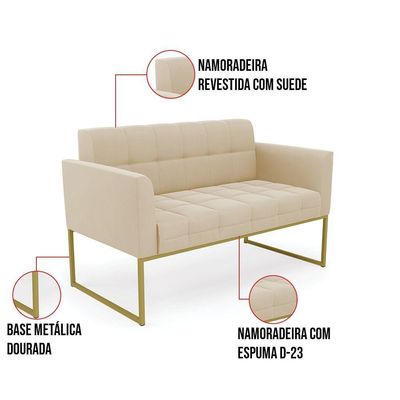 Kit 1 Sofá Namoradeira E 1 Poltrona Elisa Suede Bege Base Metálica Industrial Dourada - D'rossi