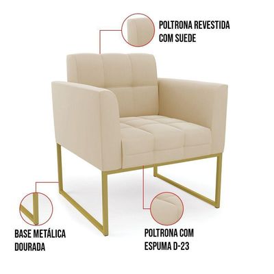 Kit 1 Sofá Namoradeira E 1 Poltrona Elisa Suede Bege Base Metálica Industrial Dourada - D'rossi