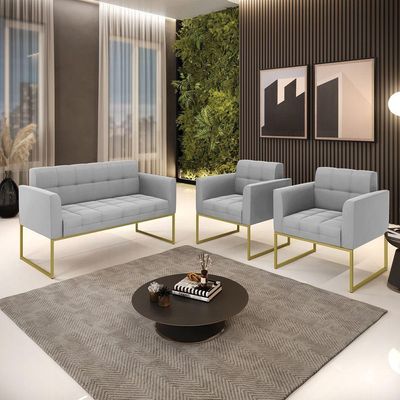 Kit 1 Sofá Namoradeira E 2 Poltronas Elisa Suede Cinza Base Metálica Industrial Dourada D'rossi