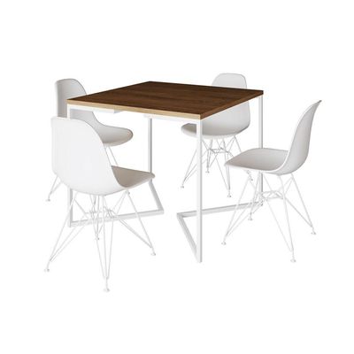 Mesa Industrial Quadrada Jantar Amêndoa 90Cm Base V Com 4 Cadeiras Brancas Ferro Branco Cor: Amendoa
