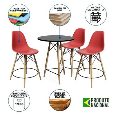 Conjunto Mesa Bistrô Eames Eiffel Preta Com 3 Banquetas Vermelhas De Madeira - Cor: Preto