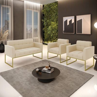 Kit 1 Sofá Namoradeira E 2 Poltronas Elisa Suede Bege Base Metálica Industrial Dourada D'rossi