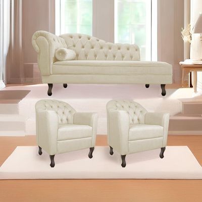 Kit Diva Recamier Diana 160cm Lado Direito e 02 Poltronas Julia Linho Bege