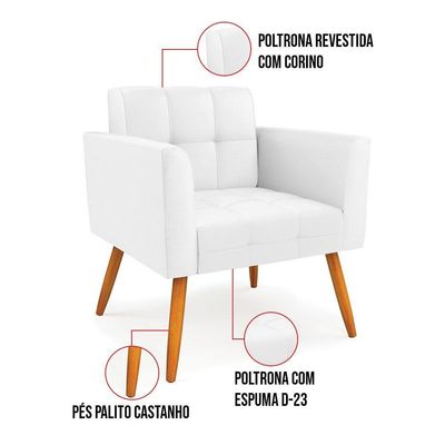 Kit 1 Sofá Namoradeira E 1 Poltrona Elisa Corino Branco Pés Palito Castanho - D'rossi