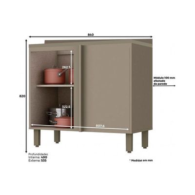 Balcão de Cozinha  Canto Reto Connect 1 Porta c/Tampo Duna/Cristal - Henn