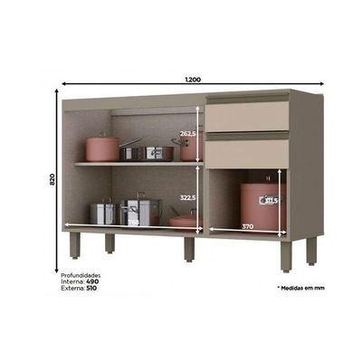 Balcão de Cozinha  Connect 3 Portas e 2 Gavetas p/ Pia 120cm Duna/Cristal - Henn