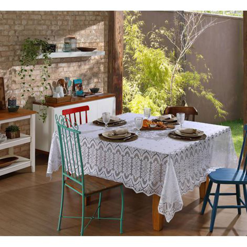 Toalha Mesa Quadrada Renda Interlar Clássica Arabesco Branca 8 Lugares