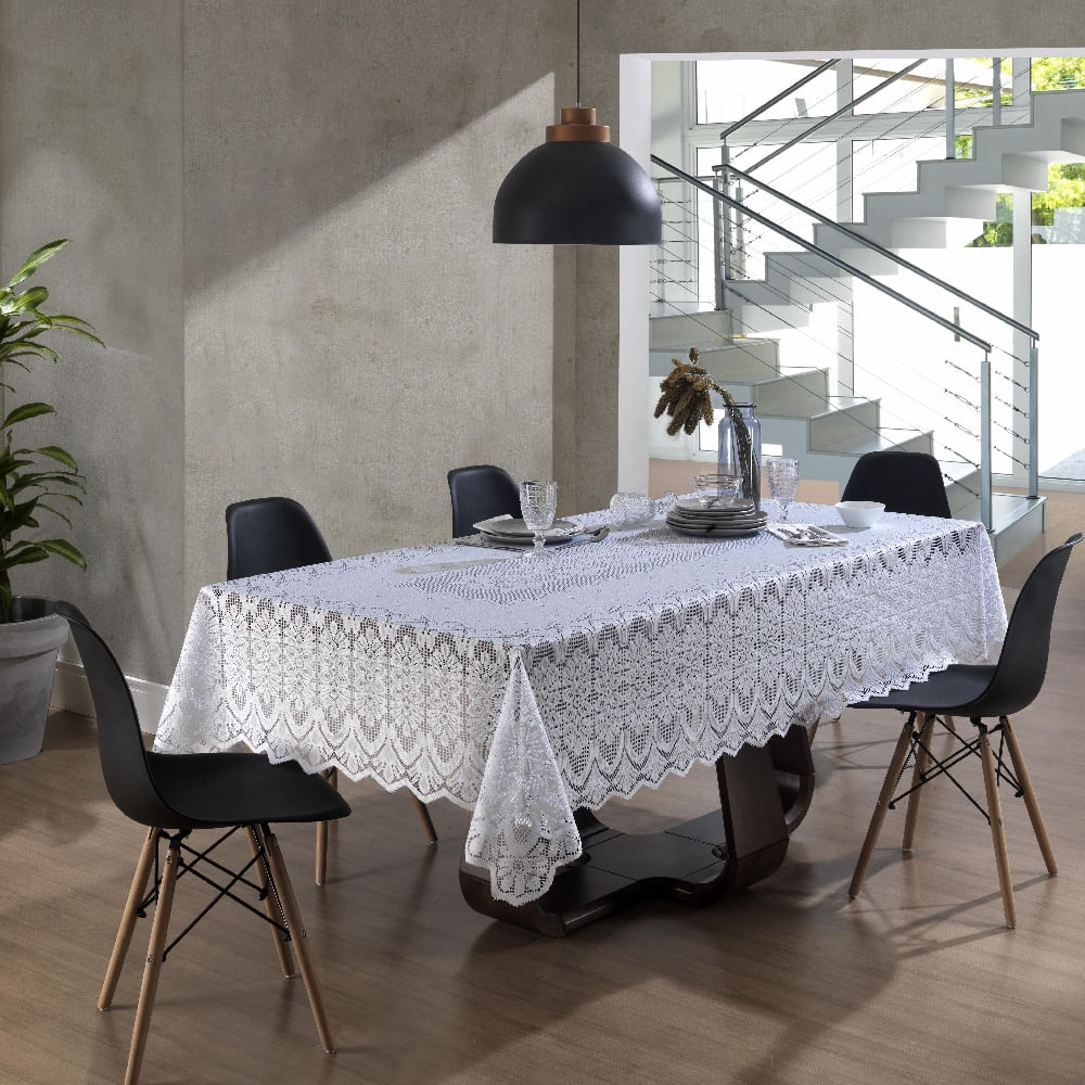 Toalha Mesa Retangular Renda Interlar Clássica Branca Arabesco 8 Lugares