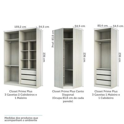 Guarda Roupa Canto 6 Gavetas, 4 Cabideiros Legno Crema
