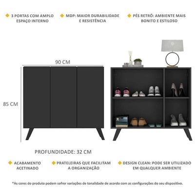 Sapateira Retrô 3 Portas Nina Multimóveis V6018 Preta Preto