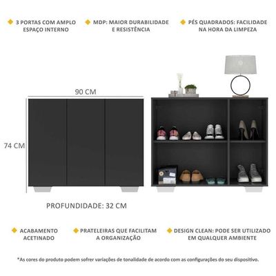 Sapateira 3 Portas Nina Multimóveis V6019 Preta/Branca