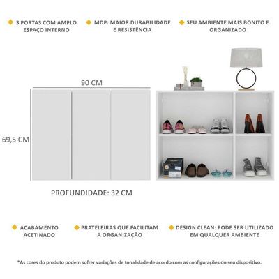 Sapateira 3 Portas Nina Multimóveis Preta V6024 Branca
