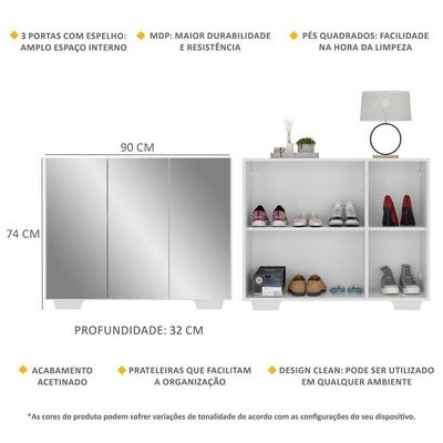 Sapateira Com Espelho 3 Portas Multimóveis V6023 Branco