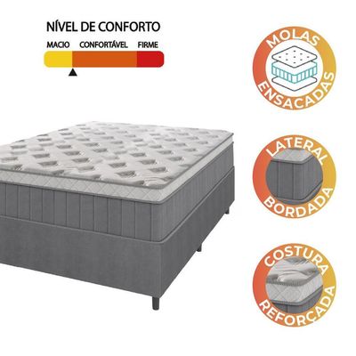 Cama Box Casal Colchão Molas Ensacadas ômega 138x188x70cm Cinza / Branco Hellen