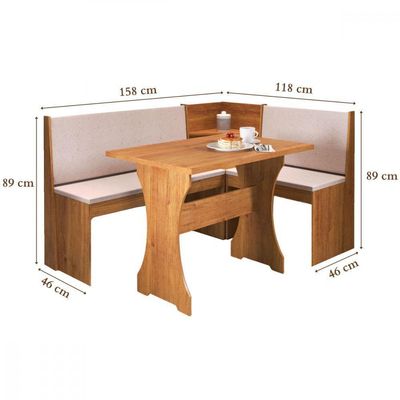 Mesa Com Banco Canto Estofado Golden Mel Tecido Linho Amendoa Viero Mel / Amendoa