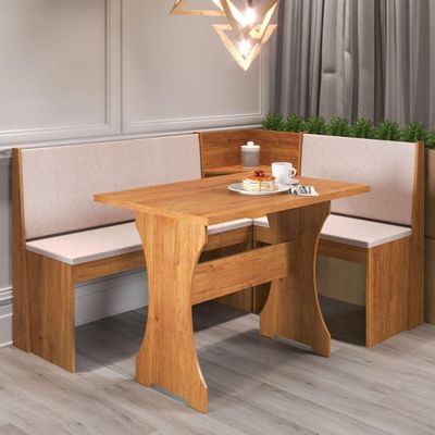 Mesa Com Banco Canto Estofado Golden Mel Tecido Linho Amendoa Viero Mel / Amendoa