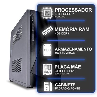 Computador Desktop, Intel Core I7 3º Geração, 4gb Ram, Hd Ssd 240gb, Conexões Usb/vga/hdmi/lan/som