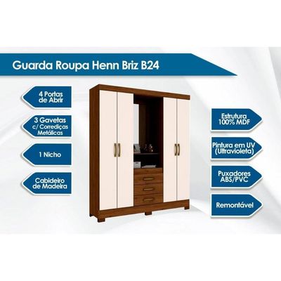 Guarda Roupa Solteiro 4 Portas E 3 Gavetas C/ Espelho Briz B24 Branco/rosa - Henn