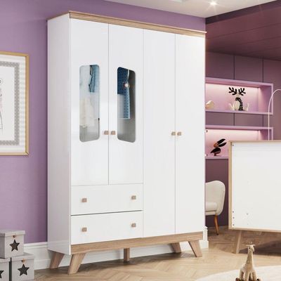 Guarda Roupa Infantil 4 Portas 2 Gavetas Confete Henn Branco Com Jequitibá Hp