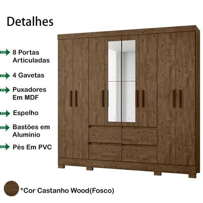 Guarda Roupa Casal 8 Portas Com Espelho 9723 Castanho Wood Moval Castanho Wood