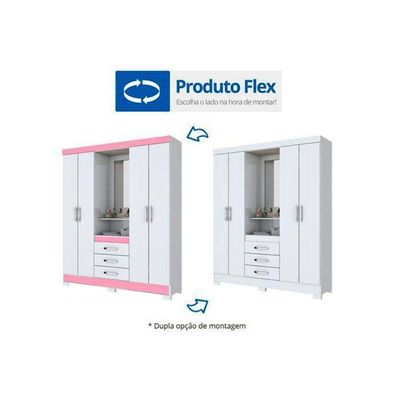 Guarda Roupa Solteiro 4 Portas E 3 Gavetas C/ Espelho Briz B24 Branco/Rosa - Henn