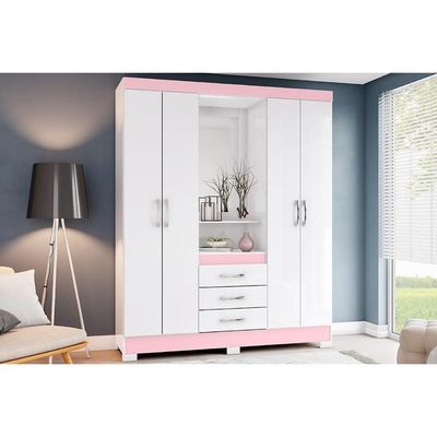 Guarda Roupa Solteiro 4 Portas E 3 Gavetas C/ Espelho Briz B24 Branco/Rosa - Henn
