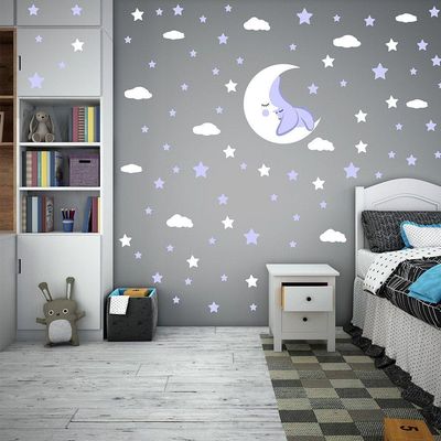 Adesivo Parede Estrelas Lua Nuvens Titulos Estrelas Roxas
