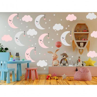 Adesivo De Parede Baby Nuvem Com Lua Vários Rosa