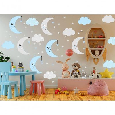 Adesivo De Parede Baby Nuvem Com Lua Vários Azul