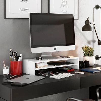 Kit 02 Suportes Stand Base Tela Monitor Soft Elevado 65cm Em Mdf Com 01 Prateleira Branco