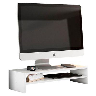Kit 02 Suportes Stand Base Tela Monitor Soft Elevado 65cm Em Mdf Com 01 Prateleira Branco