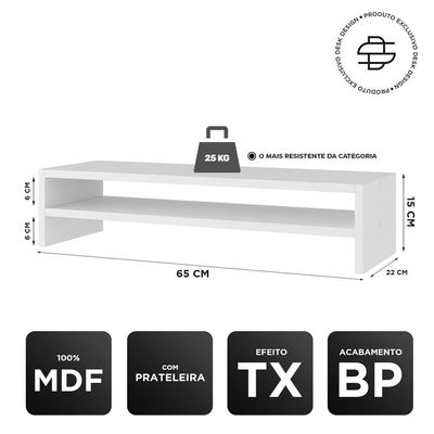 Kit 02 Suportes Stand Base Tela Monitor Soft Elevado 65cm Em Mdf Com 01 Prateleira Branco