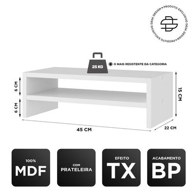 Kit 02 Suportes Stand Base Para Monitor Soft Elevado 45cm Em Mdf Com 01 Prateleira Branco