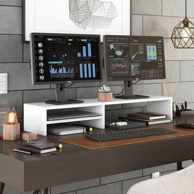 Kit 02 Suportes Stand-pro Base Para Monitor Soft Elevado 95cm Em Mdf Com 01 Prateleira Branco