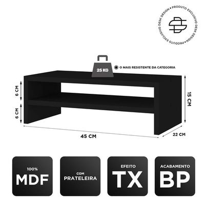 Kit 02 Suportes Stand Base Para Monitor Soft Elevado 45cm Em Mdf Com 01 Prateleira -Preto