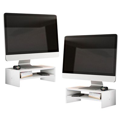 Kit 02 Suportes Stand Base Para Monitor Soft Elevado 45cm Em Mdf Com 01 Prateleira Branco
