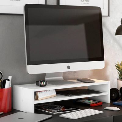 Kit 02 Suportes Stand Base Tela Monitor Soft Elevado 65cm Em Mdf Com 01 Prateleira Branco