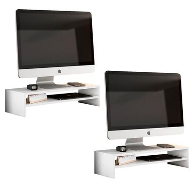 Kit 02 Suportes Stand Base Tela Monitor Soft Elevado 65cm Em Mdf Com 01 Prateleira Branco